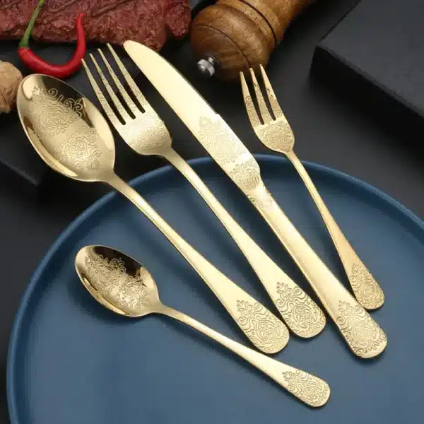 Stainless Steel Engraved Golden Cutlery Set Tableware Mirror Embossing Spoons Knives Forks Dinnerware Sets Kitchen Utensils - Image 2