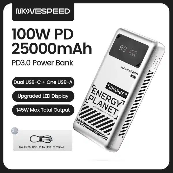 MOVESPEED M25 100W Power Bank 25000mAh 130W Max USB-C Fast Charge External Battery for MacBook iPhone Lenovo Dell Surface Laptop