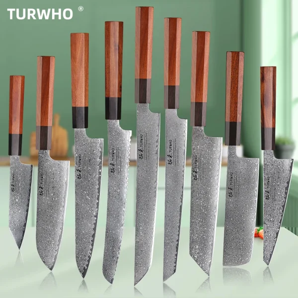 TURWHO Hand Forged Japanese Chef Knife Damascus Steel Kitchen Knives Santoku Sashimi Bread Utility Handmade Blade Cooking Tools