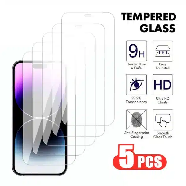 5Pcs 9H Hardness On For Apple iPhone 13 14 15 Pro Max Tempered Glass Screen Protector For iPhone 13 mini Transparent Glass Film