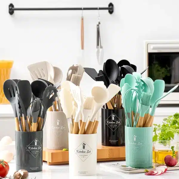 Kitchen PP Handle Silicone Cookware Set 12Pcs Silicone Kitchen Utensil Set Kitchen Gadgets Kitchen Tools With Storage Bucket - Image 2