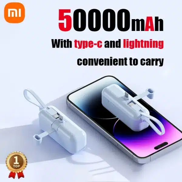 Xiaomi 50000mAh Portable Power Bank Mini Lightweight External Battery for iPhone Samsung Built-in Type C Lightning Plug