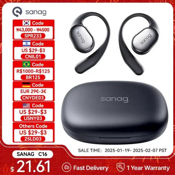 Sanag C16S Bluetooth 5.4 Wireless Headphones Open Ear OWS Earphones HiFi Sound Headset APP Control TWS Earbuds 8 Hours Playback