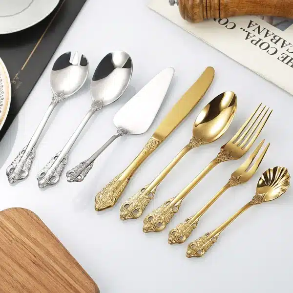 Kitchen Silver Gold Tableware Set Stainless Steel Royal Dessert Serving Spoon Forks Steak Knives Cutlery Western Dinnerware Gift - Image 3