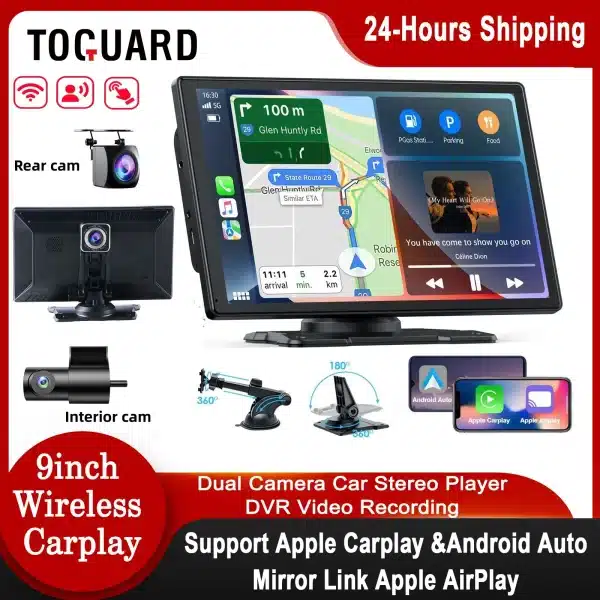 TOGUARD 9" Wireless Apple Carplay Android Auto Car play Screen CarPlay Display,2.5K Dashcam DVR GPS Wifi BT with Reverse Camera