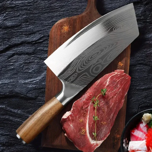 Professional Cleaver Knives Heavy Duty Chinese Knife Wooden Handle Laser Damascus Knife Cleaver Meat Chicken Fish Kitchen Knife