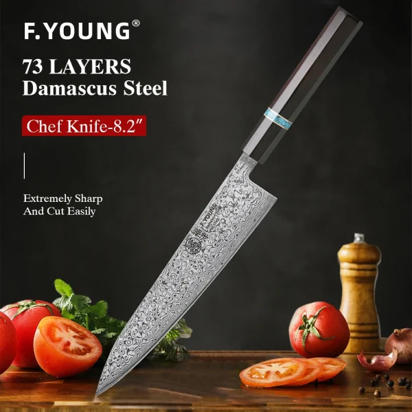 F.YOUNG 8.2" Handmade Chef Knife Damascus Steel Sharp Meat Vegetable Cleaver Gyuto Knife Japanese Hand Forged Kitchen Knives