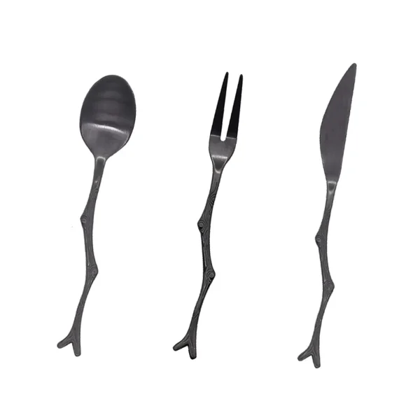 3pcs Spoon Fork Set Stainless Steel Vintage Flatware Tree Branch Design Fruit Cutlery for Home Restaurant (Black) - Image 2