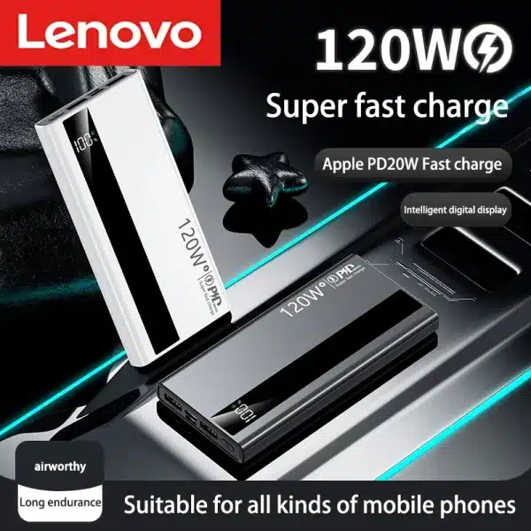 Lenovo 200000mAh Power Bank 120W Fast Charging High Capacity Portable Battery Charger Moblie Powerbank For iPhone Samsung Huawei