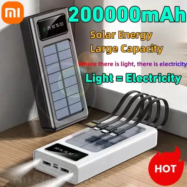 Xiaomi 200000mAh Solar Power Bank Ultra Capacity USB 4 in1 Super Fast Charging USB TypeC LED Light Outdoor Power Bank For iPhone