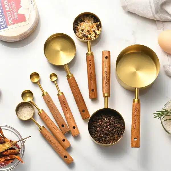 8Pcs Measuring Cup Spoon Sets Stainless Steel Wooden Handle Coffee Flour Scoop Bartending Scale Kitchen Cooking Gadget Sets - Image 2