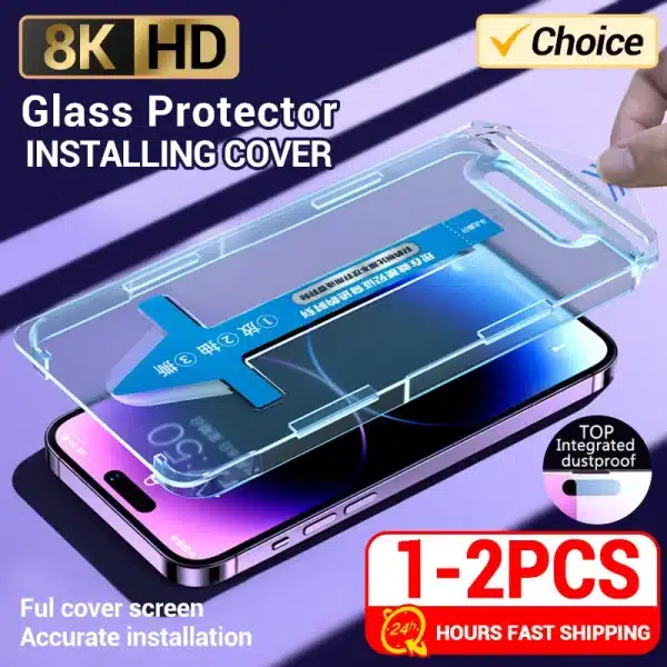 1-2PCS High End Tempered Glass For iPhone 16 15 14 13 12 11 Pro Max X XS 14 Plus Screen Protector With Alignment Mounting Cover