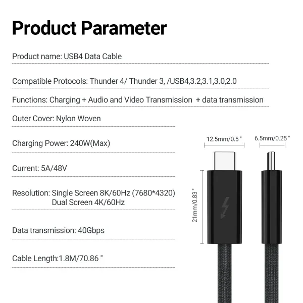 USB 4.0 Type-C Data Cable 240W Fast Charging Cable with 40Gbps Speed 8K HD Video Support Thunderbolt 3/4 for Phone Switch iPad - Image 2