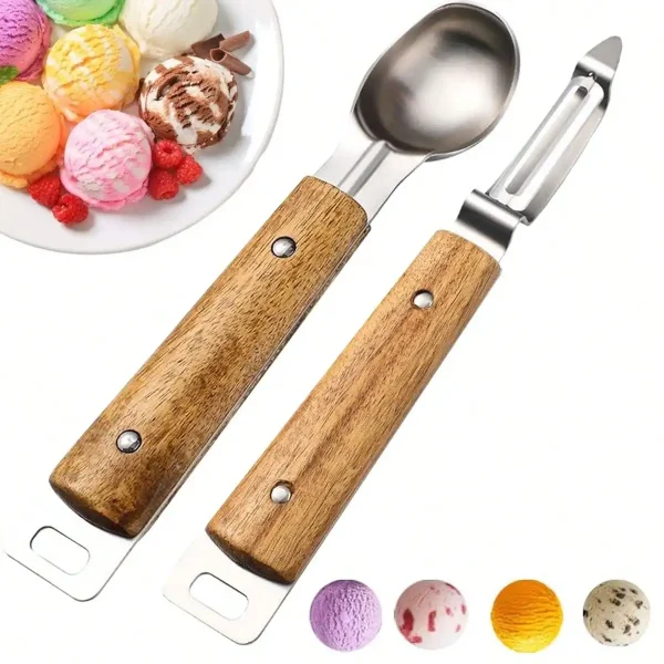 Leeseph Stainless Steel Ice Cream Spoon and I-shaped Peeler Set with Wooden Handle, Kitchen Gadget Set for Fruit Ice Cream