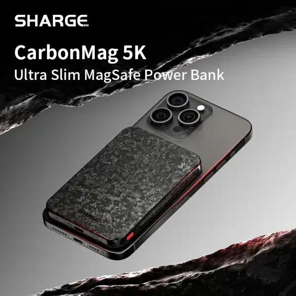 SHARGE CarbonMag Magsafe Power Bank Slim Magnetic Portable Charger 5000mAh Carbon Fiber PD 20W Fast Charging for iPhone 16 Pro