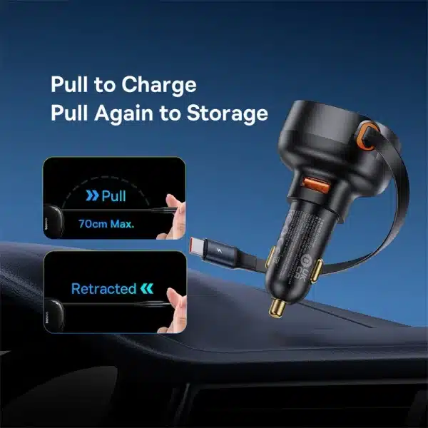 Baseus 60W Car Charger 2 in 1 Retractable Cable SCP 25W QC PD 30W Fast Car Phone Charger For iPad iPhone 16 15 14 13 Pro Samsung - Image 2