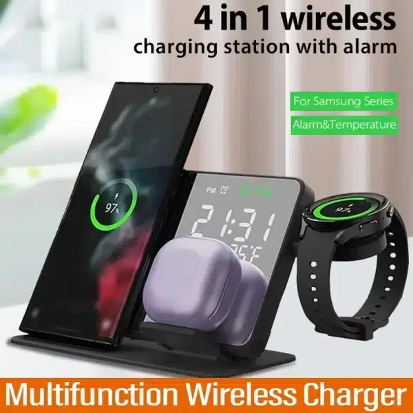 3 in 1 Wireless Charger For Samsung Galaxy Watch 6 5 Pro Fast Charging Station For Galaxy S24 S23 S22 Alarm Clock Chargers Stand