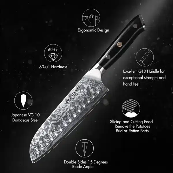 TURWHO 7" Japanese Style Santoku Knife Damascus Steel Professional Chef Knife Slicing Meat Cleaver Beef Kitchen Cooking Tools - Image 5