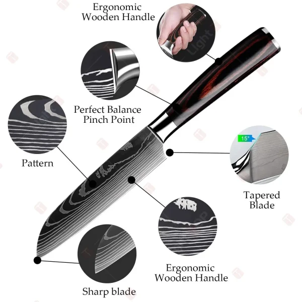 Damascus Laser Kitchen Knives Set Professional Boning Knife Japanese Santoku Knife Fruit Peeler Utility Knife with Storage bag - Image 3