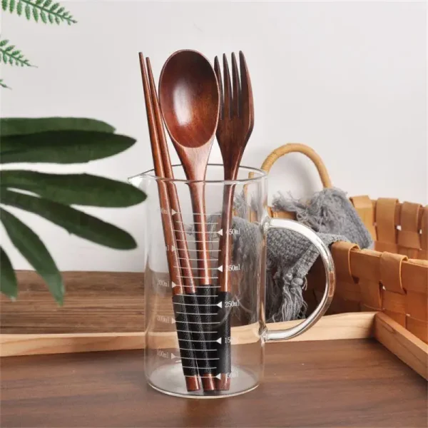 Wooden Spoon For Kitchen Fork Spoon Chopsticks 3-piece Solid Wood Long Handle Spoon Kitchen Accessories Tableware Decoration Set - Image 3