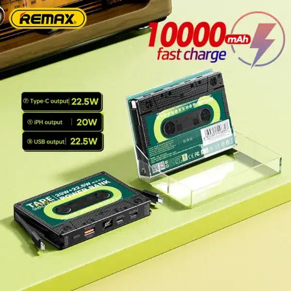 Remax Power Bank with Digital Display, External Battery 10000mAh Built in 2 Cable QC22.5W Super Fast Charging Huawe