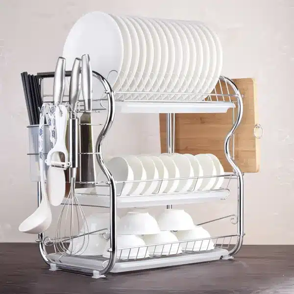 Multi-functional 3-Tier Dish Rack Kitchen Supplies Storage Rack Draining Rack with Chopsticks/Knives/Cutting Board Holder - Image 2