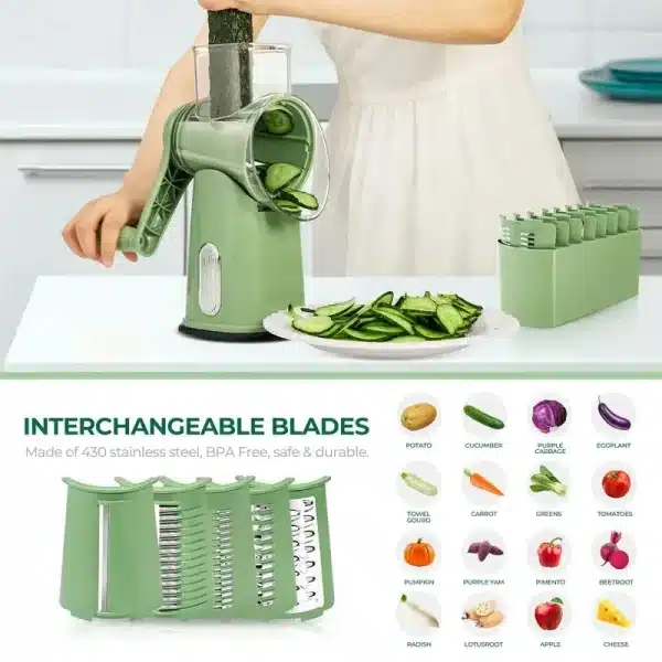 SUSTEAS Rotary Cheese Chopper, Vegetable Chopper Food Chopper with Powerful Suction Cup Base and 5 Well-Designed Blades - Image 5