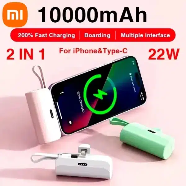 Xiaom 10000mAh Mini Capsule Power Bank 2 IN 1 Built In Type-C Cable Large Capacity Fast Charging External Battery For iPhone