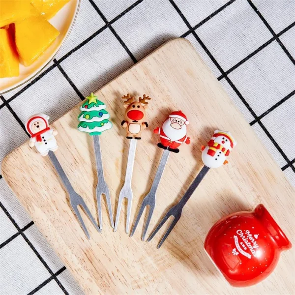 1 Set Christmas Tree Stainless Steel Dessert Fruit Forks With Holder Set Mini Cute Salad Food Cutlery Dinnerware Kitchen Gadgets