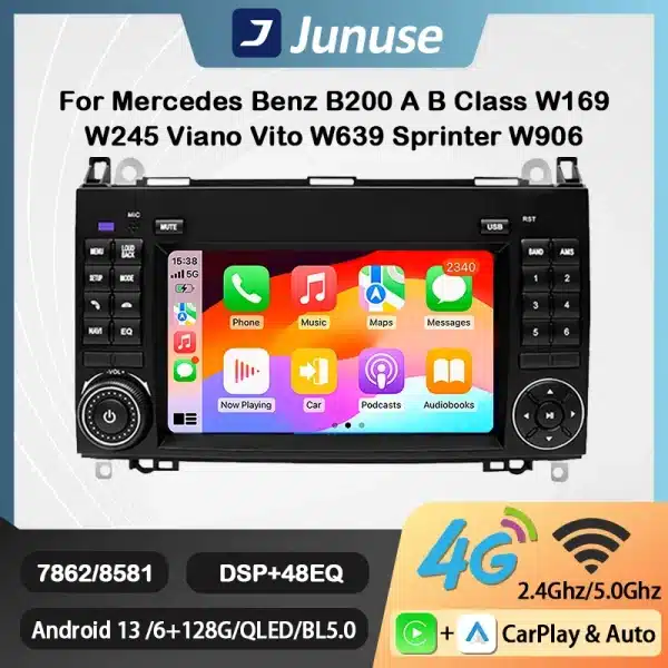 Junuse 4G QLED Android 13 Car Radio Wireless CarPlay Auto Navigation Head Unit 2din For Mercedes Sprinter Benz B200