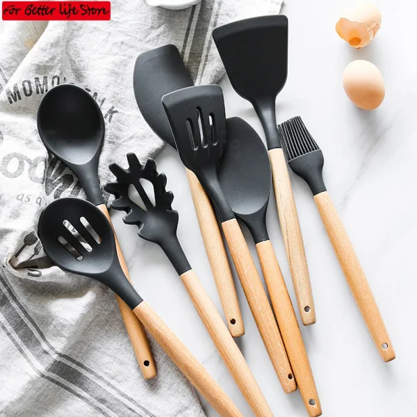 Cooking Kitchenware Tool kitchen gadget Spatula sets Silicone Utensils With Wooden Multifunction Handle Non-Stick Spoon Brush