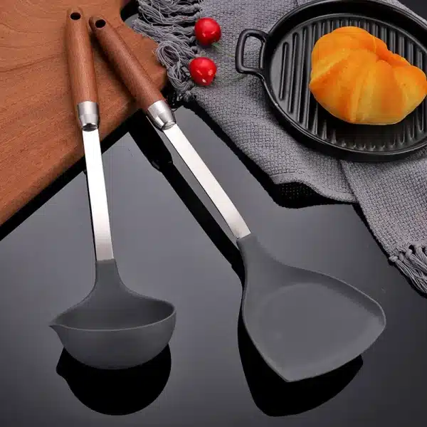 Silicone Head Non Stick Pan Frying Spatula Long Wooden Handle Food Cooking Shovel Soup Spoon Home Kitchenware Kitchen Gadgets - Image 2