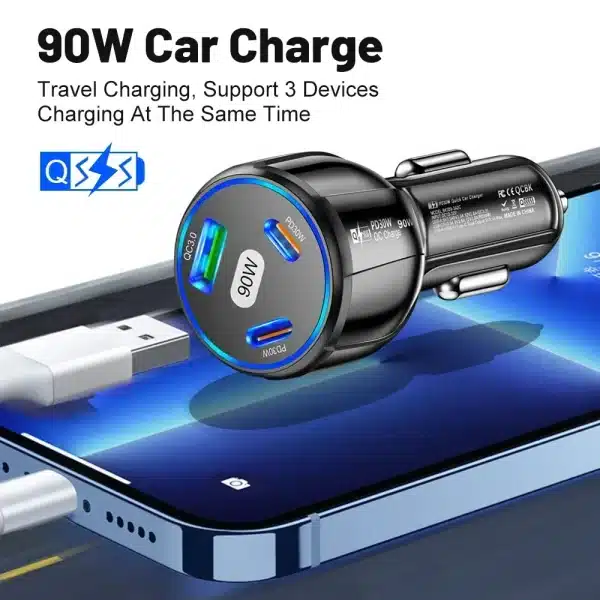 Car Charger 90W 3-in-1 QC3.0 PD Type C USB Moblie Phone Fast Charging for IPhone Xiaomi Samsung Car Quick Charger Adapter Tools - Image 4