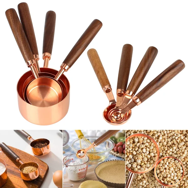 Wooden Handle Measuring Cups Kitchen Gadget Measuring Spoon Set 8Pcs Kitchen Accessories Coffee Bartending Scale Stainless Steel