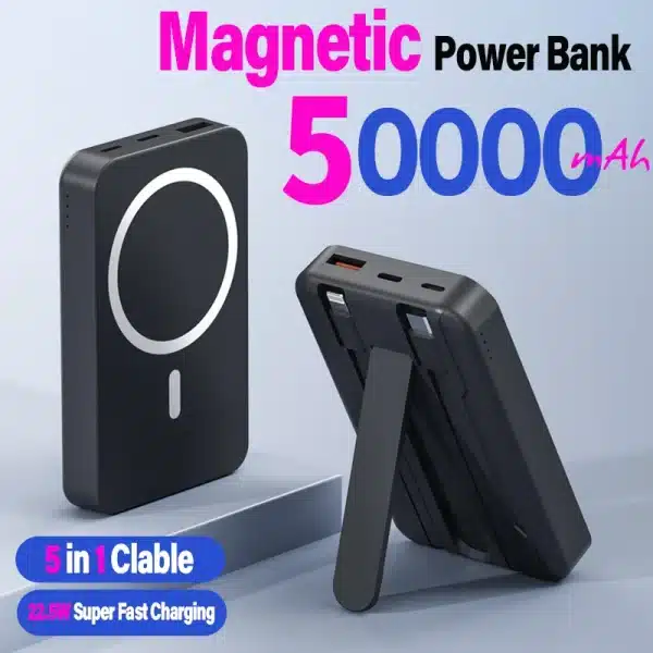 New built-in cable bracket magnetic suction wireless power bank 50000mAh large capacity super fast charging mobile power supply