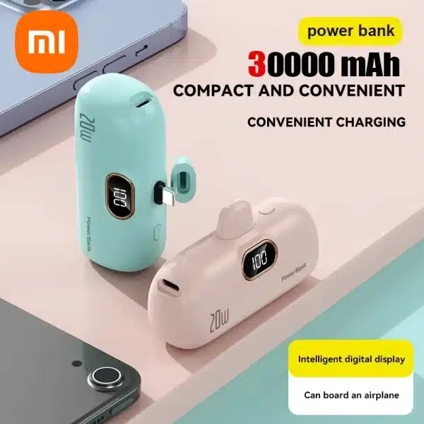 Xiaomi Mini Power Bank 30000mAh Built Cable Portable Mobile Phone Charger External Battery Capsule Powerbank For Type-C iPhone