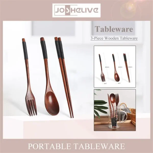 Wooden Spoon For Kitchen Fork Spoon Chopsticks 3-piece Solid Wood Long Handle Spoon Kitchen Accessories Tableware Decoration Set - Image 2