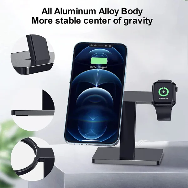 EWA 2 in 1 Wireless Charger Stand Aluminum Alloy Phone Holder Compatible with iphone13/12/Pro/ Max/Mini and Apple Watch 3/4/5/6 - Image 3
