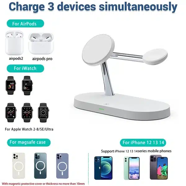 3 in 1 Wireless Charger For iPhone 12 13 14 15 Magsafe Charger Airpods Pro Apple Watch 9 8 7 6 QI Fast Charging Station - Image 2