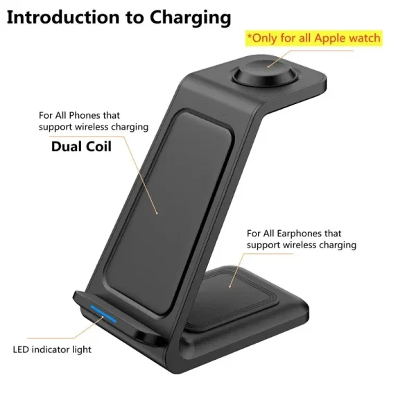3 In 1 Wireless Charger Stand for iPhone 15 14 13 12 11 Apple Watch 9/8/7 Ultra Airpods Phone Holder 15W Fast Charging Station - Image 6