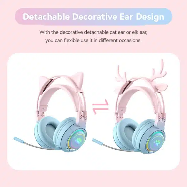 2 in 1 Cute Antlers/Cat Ears Wireless Bluetooth Headphones Gamer 3.5mm Headset Gaming Headphones Christmas Gift for Kids Girls - Image 3