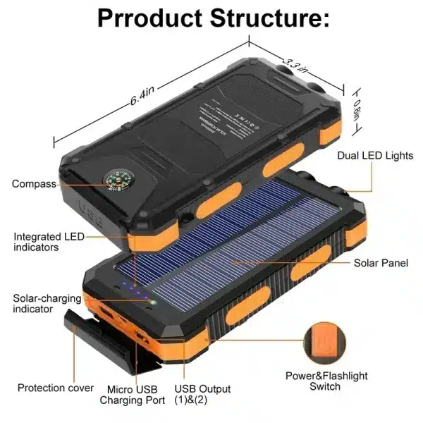 Portable Solar Power Bank 200000mAh Charging Poverbank Triple Protection External Battery Charger Strong LED Light and Dual USB - Image 5