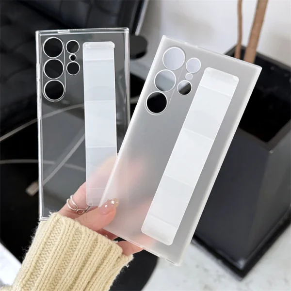 Handheld Silicone Elastic Wrist Strap Hard PC Phone Case For Samsung Galaxy S24 S23 Ultra S24 Plus Matte Clear Shockproof Cover - Image 2
