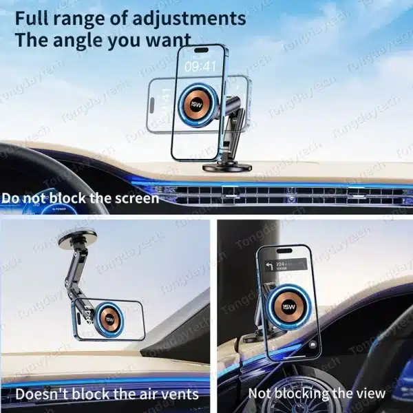 15W Magnetic Metal Car Wireless Charger 360 Rotation Multi Angle Adjustable Foldable Stand For Iphone 15 14 13 Pro Max Samsung - Image 4