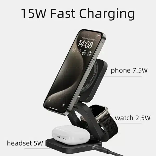 3 In 1 Foldable Magnetic Wireless Charger Stand For iPhone 15 14 13 Pro Max iWatch 8 7 6 AirPods 3 2 Station Dock Fast Charger - Image 2