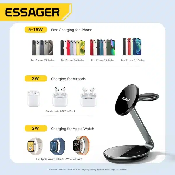 Essager Magnetic Wireless Charger 3 in 1 Charging Station 15W Fast Charging Stand for iPhone 15 Pro Max Apple Watch AirPods Pro - Image 5