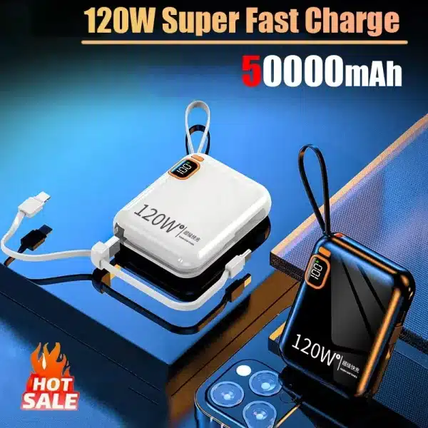 120W 50000mAh Portable Power Bank High Capacity Cable Two-way Fast Charging Mini 2in1 Wire Powerbank for iPhone Samsung ﻿Xiaomi - Image 3