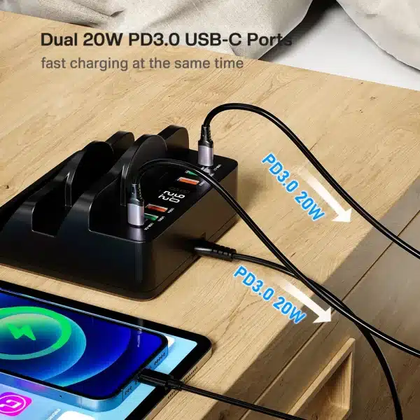 80W USB Charger With Dual Induction Wireless Charger Stand,6 Ports Desktop QC3.0 PD Fast Charge Charger,USB C Charging Station - Image 2