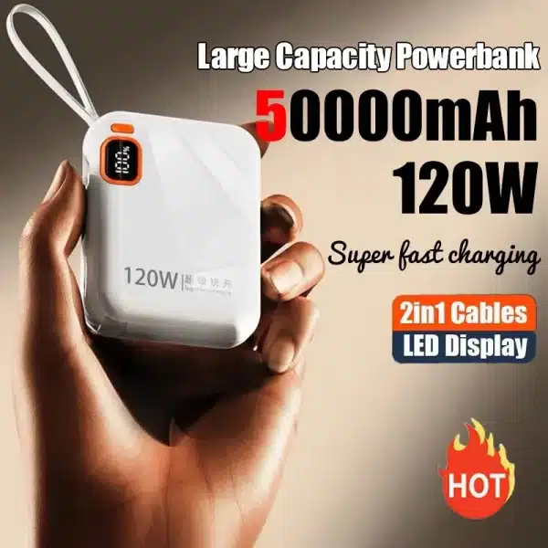 120W 50000mAh Portable Power Bank High Capacity Cable Two-way Fast Charging Mini 2in1 Wire Powerbank for iPhone Samsung ﻿Xiaomi - Image 2