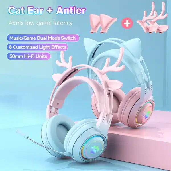 2 in 1 Cute Antlers/Cat Ears Wireless Bluetooth Headphones Gamer 3.5mm Headset Gaming Headphones Christmas Gift for Kids Girls - Image 2